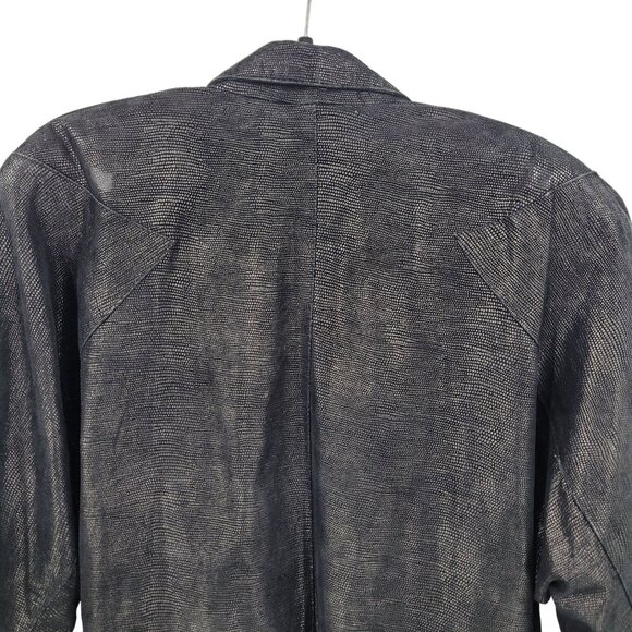 Vtg 80s Genuine Leather Jacket Sz L Black Oil Slick Textured Batwing Oversized - Picture 10 of 12